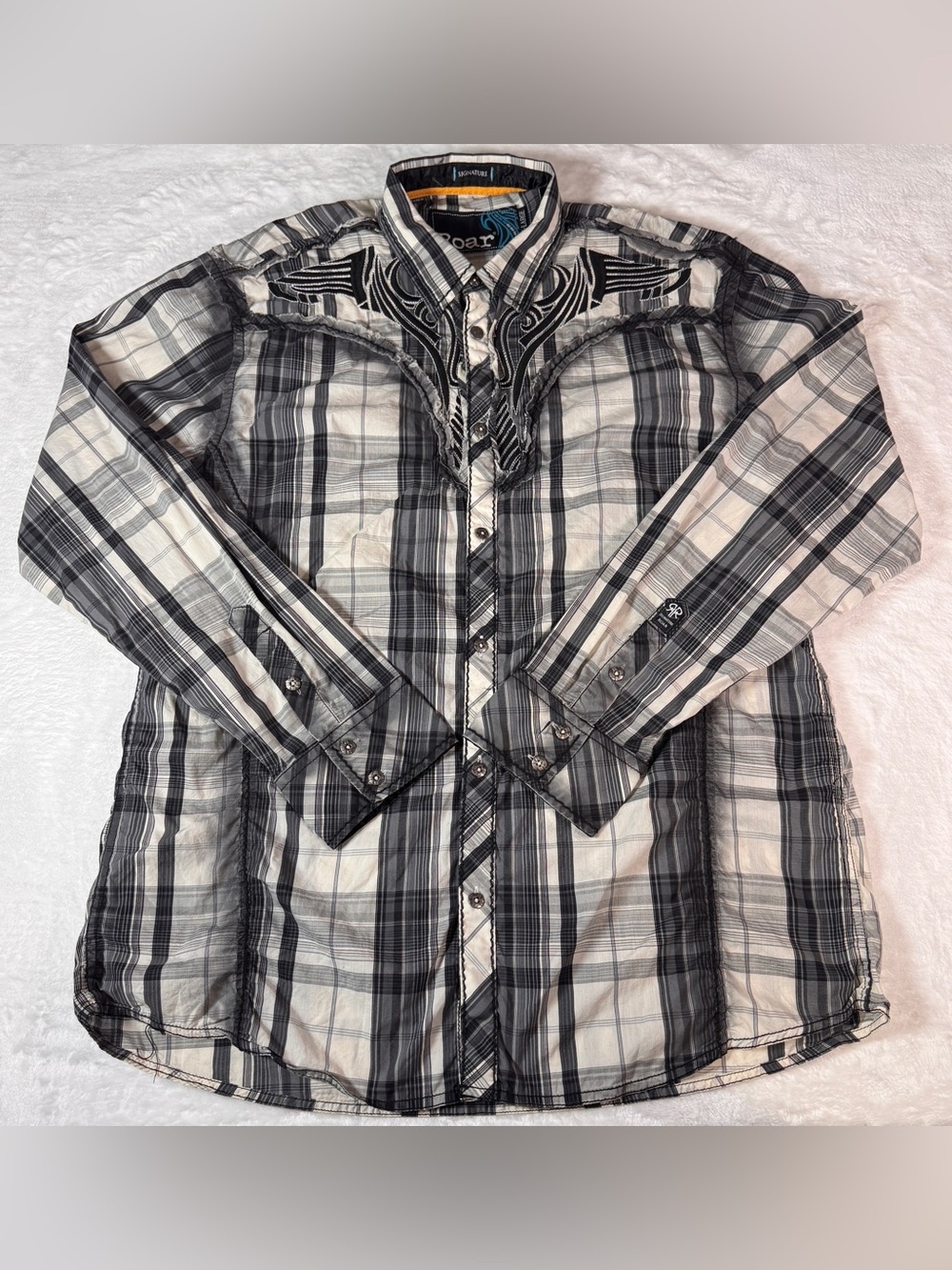 Roar Signature Men’s XXL Plaid Embroidered Western Shirt Black White Y2K